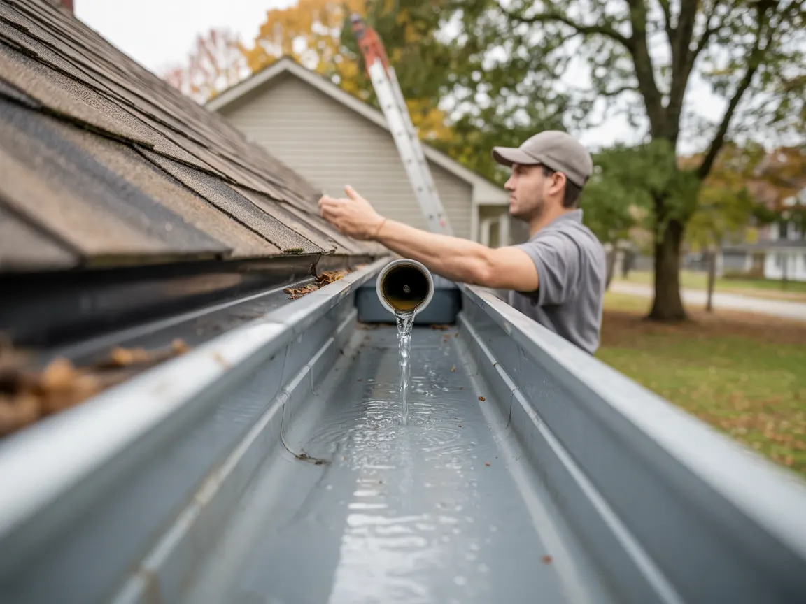 Rinse water poured into a cleaned gutter, running along the trough toward the downspout outlet
