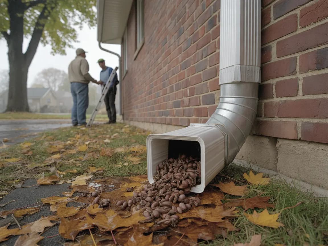 Acorns and leaves spilling out of the bottom of a clogged downspout on a brick wall