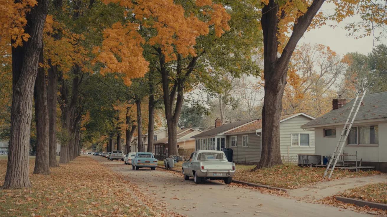 Rockford residential street of ranch houses lined with tall maples and oaks in orange and gold October color