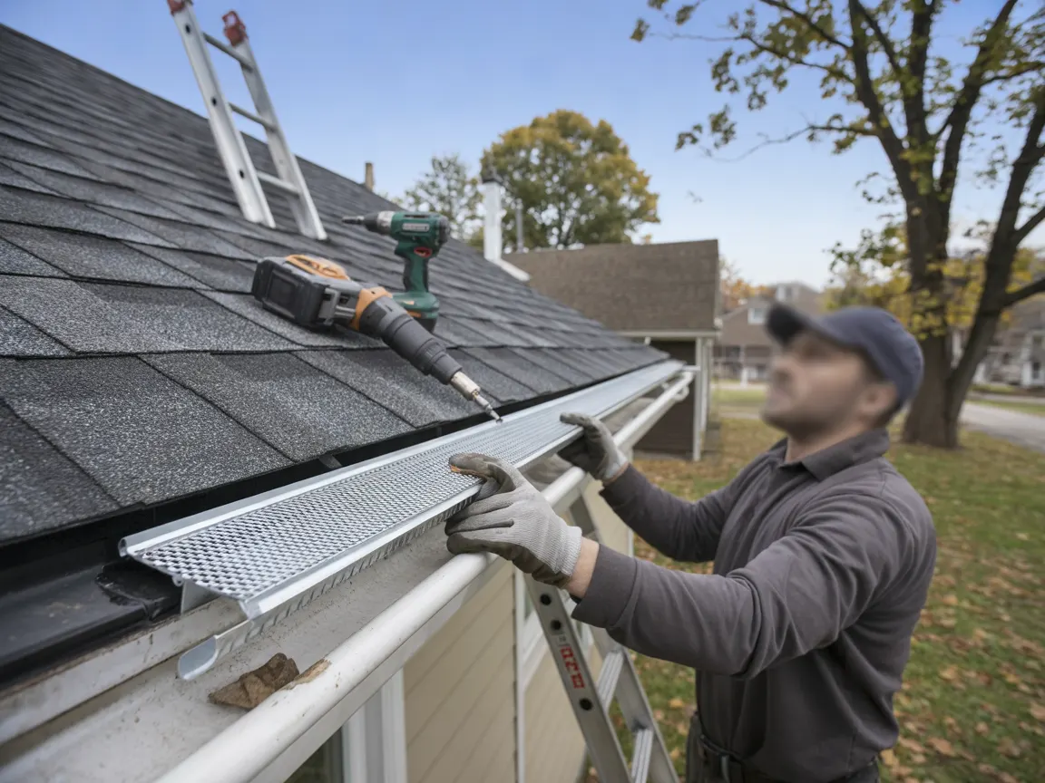 Gloved hands fitting an aluminum micro-mesh gutter guard panel onto a clean white gutter