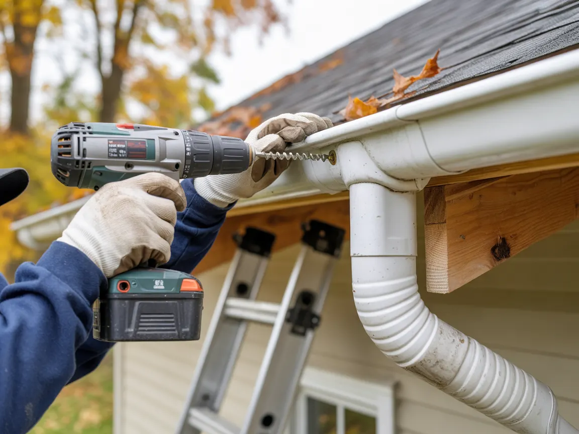 Gloved hands driving a screw through the front of a white gutter into a hanger at the fascia
