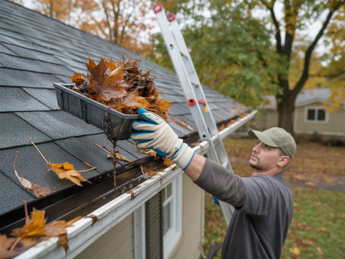 Gloved hand scooping packed wet maple leaves out of a white aluminum gutter at a roof edge