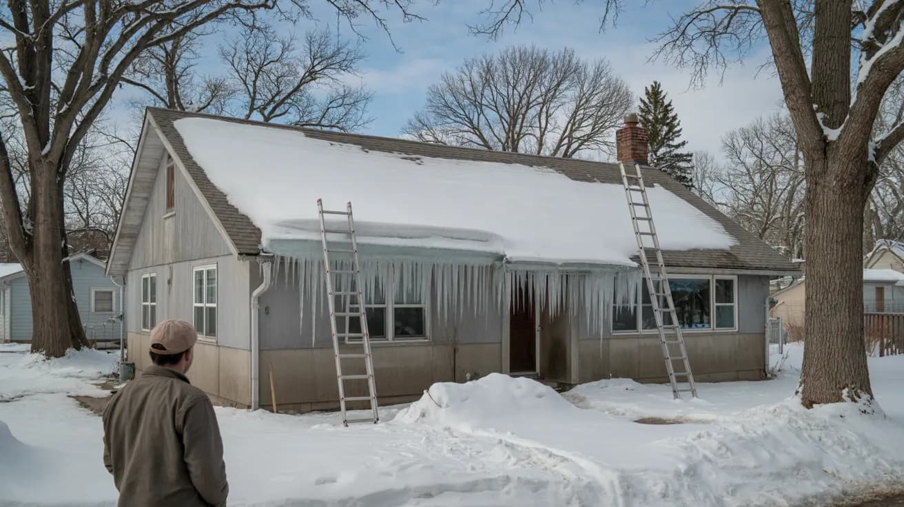 Ranch house in winter with a ridge of ice along the roof edge and long icicles hanging from the gutter