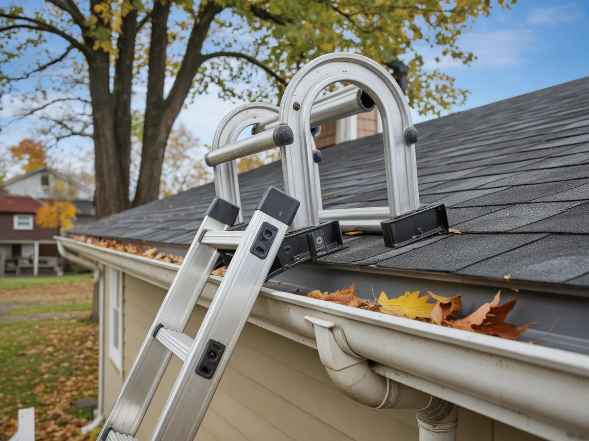 Top of an extension ladder with a standoff stabilizer resting on the roof above a gutter full of leaves