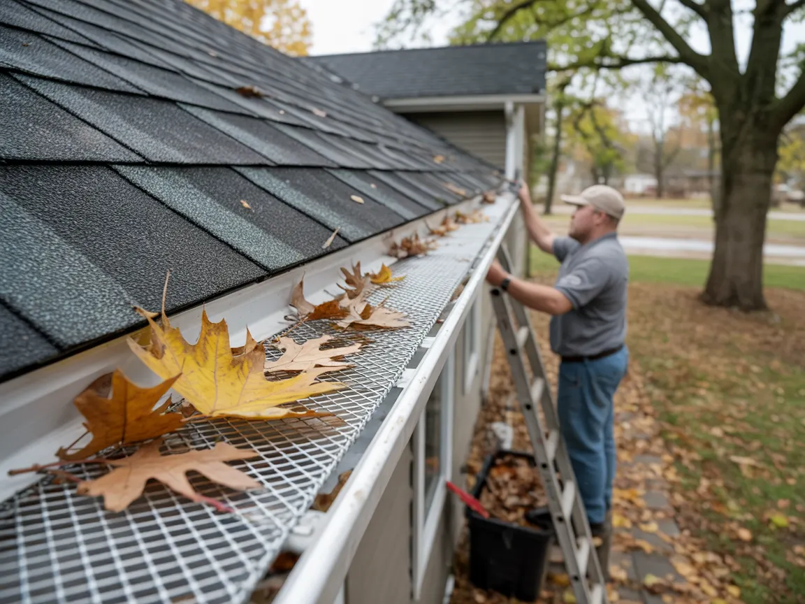 Stainless micro-mesh gutter guard with dry oak leaves and maple seeds sitting on top