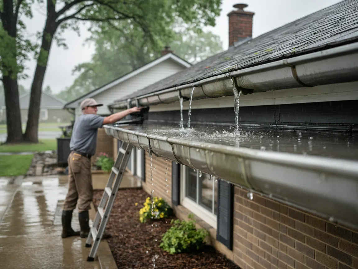 Rainwater dripping from leaking gutter seams into a flower bed along a brick wall