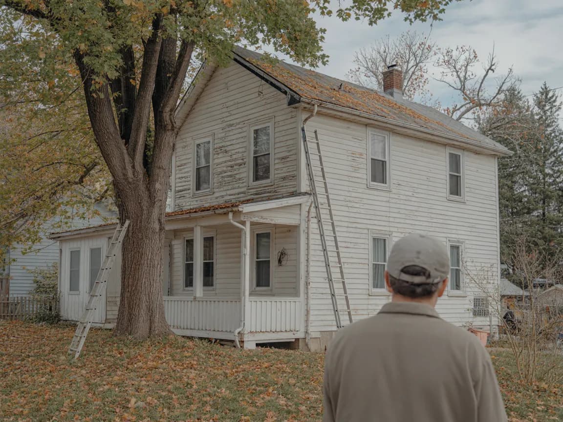 Older two-story frame duplex with a front porch and gutters under a large maple dropping leaves