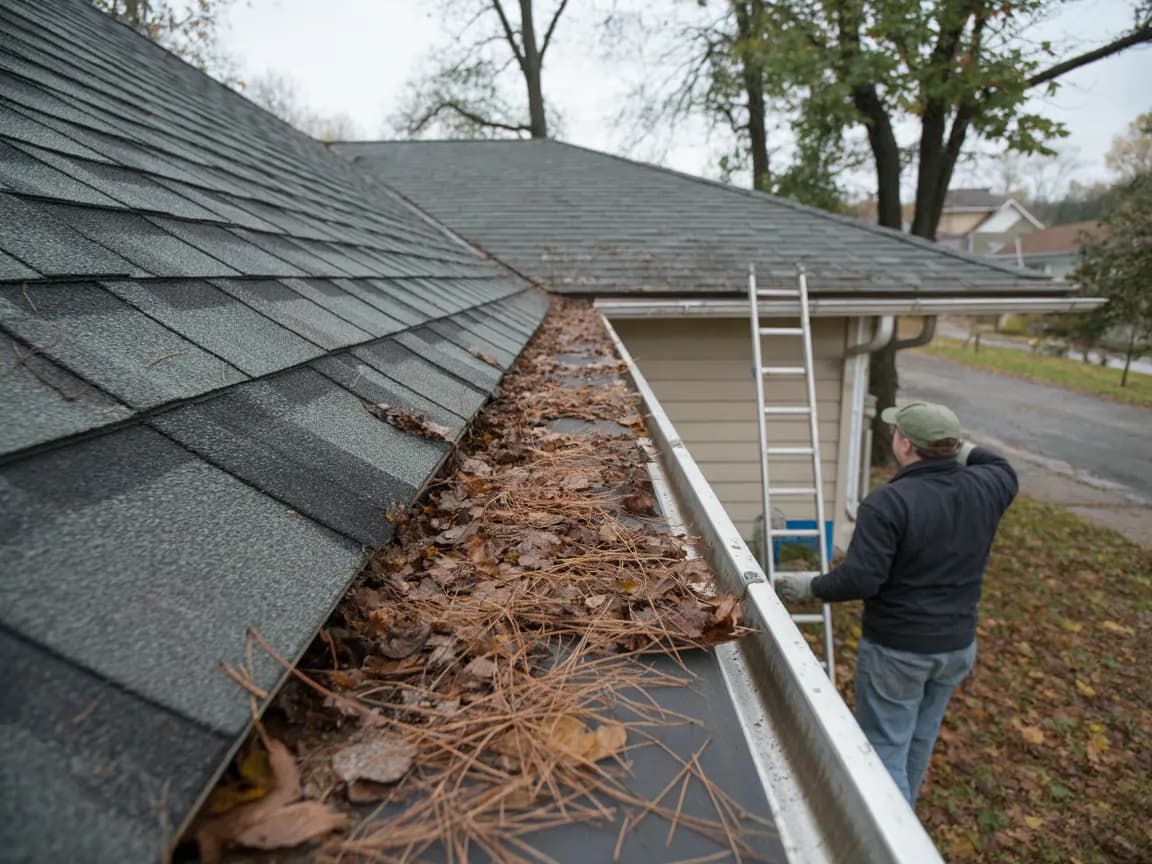 Gutter along an asphalt shingle roof edge packed with fallen leaves and pine needles