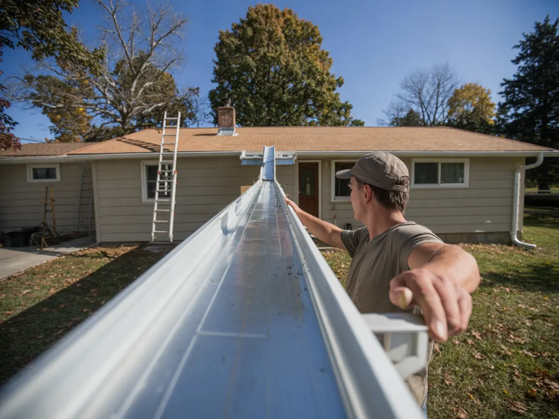 A long, bright white aluminum gutter section held up beside a ranch house
