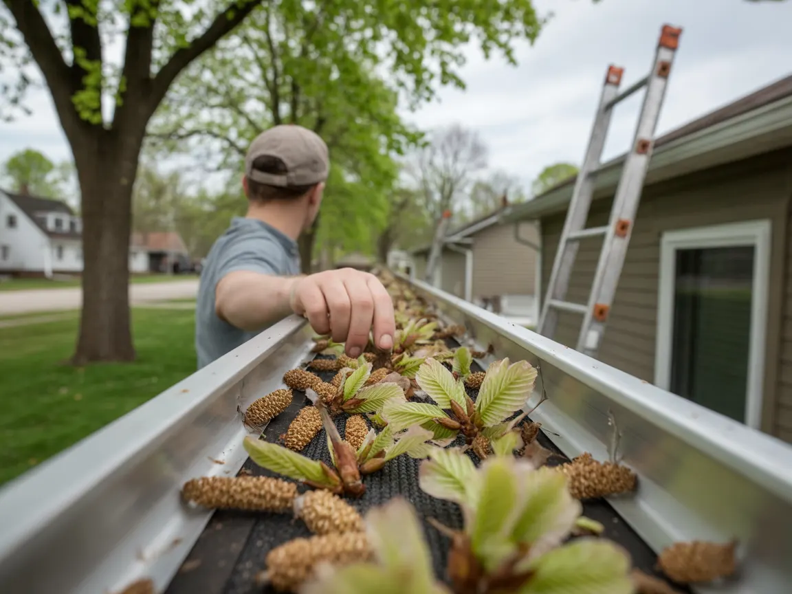 Gutter filled with spring tree debris: catkins and sprouting seedlings