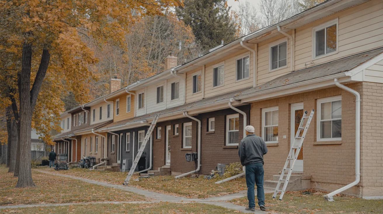 Row of two-story brick and siding townhomes with continuous gutters and downspouts in autumn