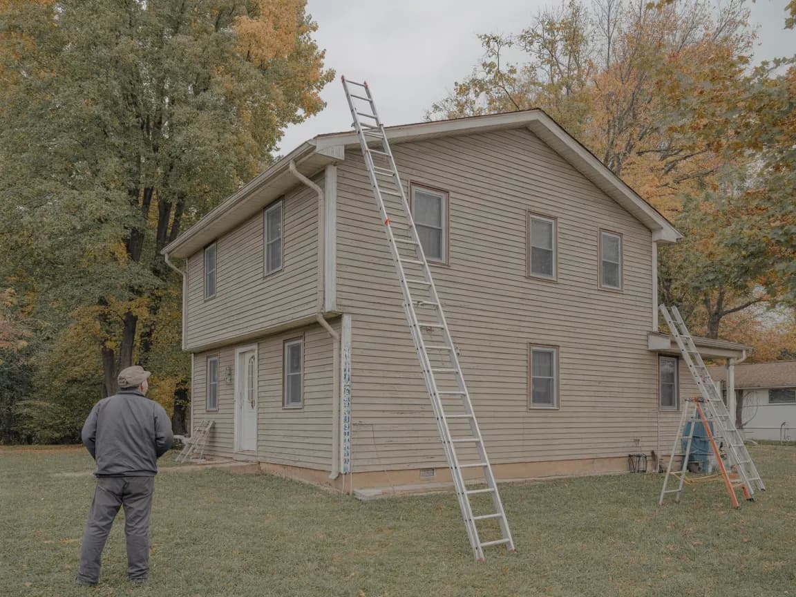 Tall extension ladder against the upper gutter of a two-story house in autumn